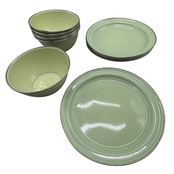 Pottery Barn 12 Piece Dinnerware Set Green Plates Bowls Enamelware metal READ - Picture 1 of 6
